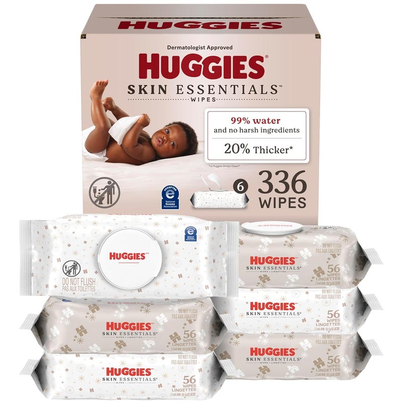 HUGGIES Skin Essentials Baby Wipes, Hypoallergenic, 99% Water, 6 Flip Top Packs (336 Wipes Total) - Image 1